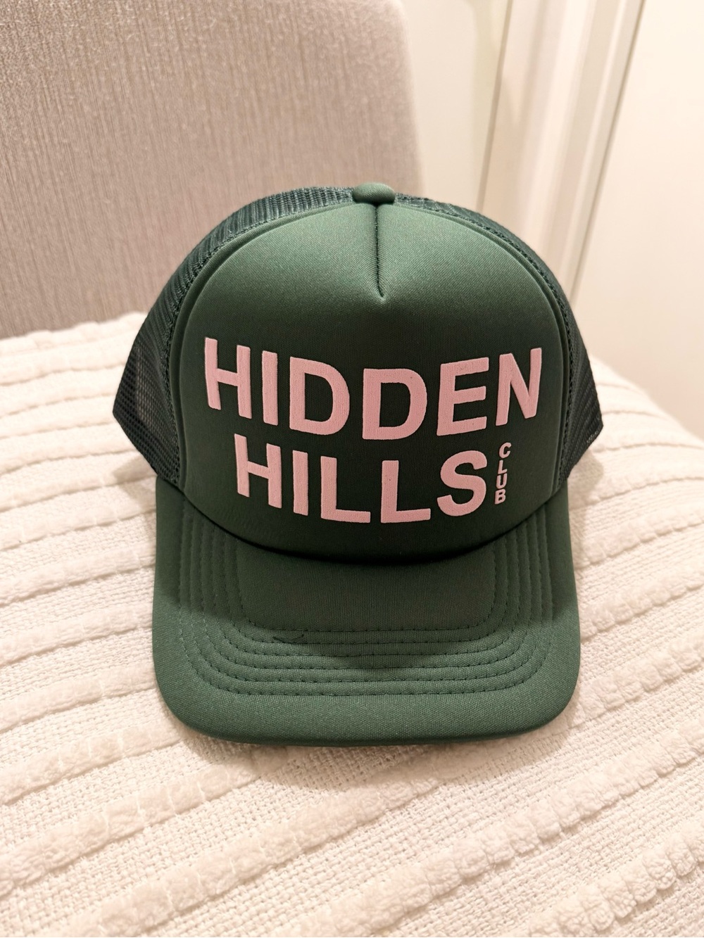 Hidden Hills Club Green Trucker Hat with Pink Logo